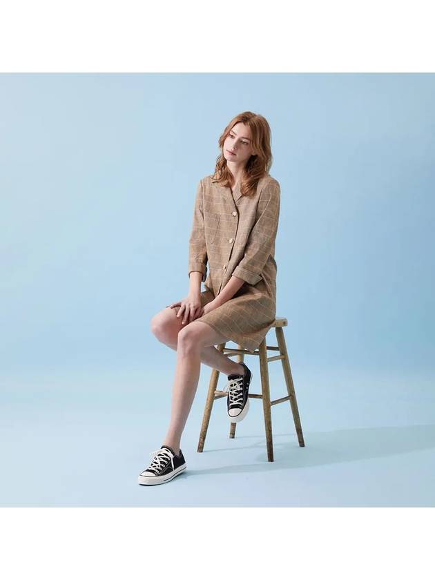 Check Linen Long Jacket Short Dress Brown - VOYONN - BALAAN 3