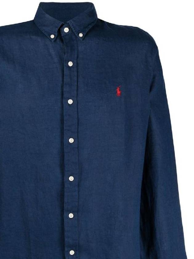 Embroidered Pony Linen Long Sleeve Shirt Navy - POLO RALPH LAUREN - BALAAN 3