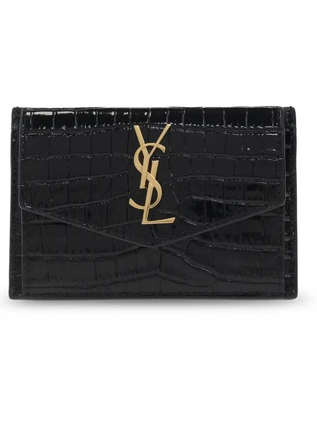 Uptown Crocodile Card Wallet Black Gold Plated - SAINT LAURENT - BALAAN.