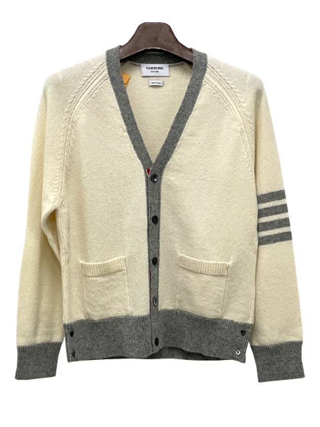 V-Neck 4-Bar Wool Cardigan White - THOM BROWNE - BALAAN 3