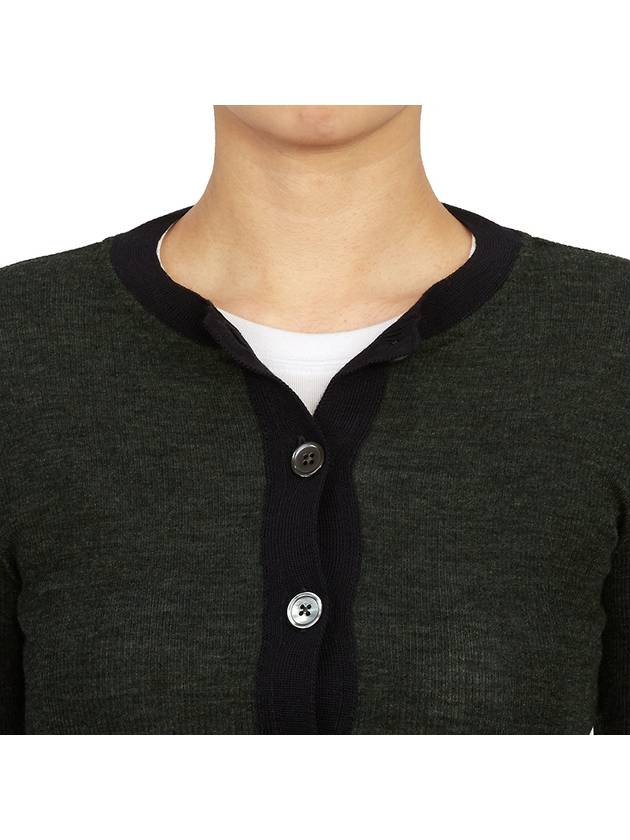 Wool Ribbed Contrast Trim Crewneck Cardigan Dark Green - THOM BROWNE - BALAAN 11