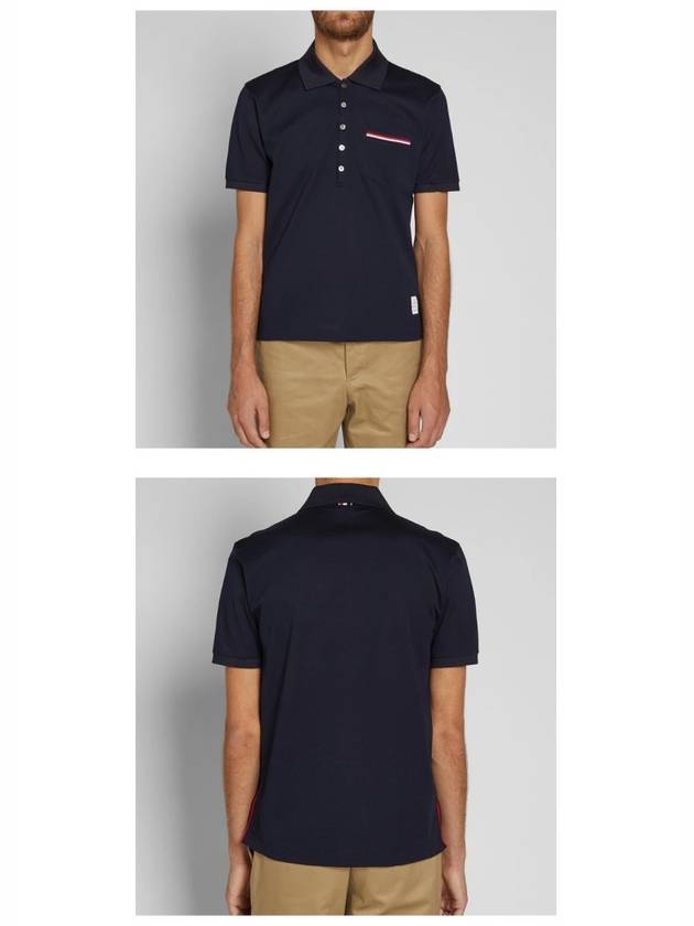 Men's Three Stripes Pocket Mercerized Short Sleeve Polo Shirt Navy - THOM BROWNE - BALAAN 6