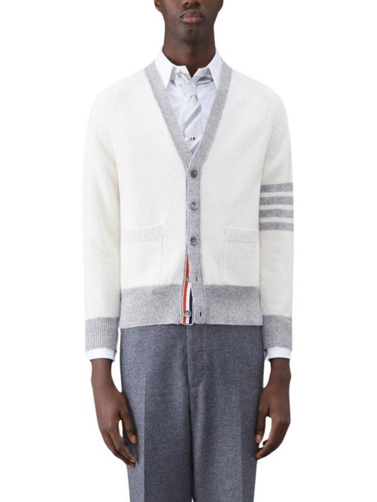 V-Neck 4-Bar Wool Cardigan White - THOM BROWNE - BALAAN 2