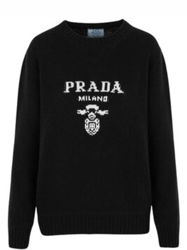 Logo Crew Neck Wool Cashmere Knit Top Black - PRADA - BALAAN 1