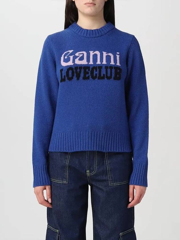 Logo Intarsia Crew Neck Knit Top Blue - GANNI - BALAAN 5