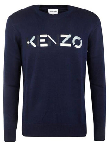 Men's FA6 5PU541 Logo Wool Knit Navy - KENZO - BALAAN 1