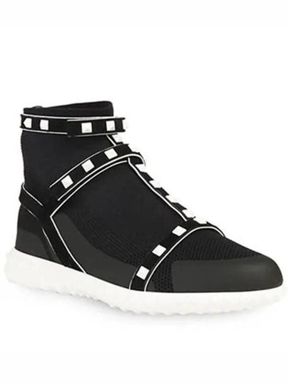 Suede Leather Strap Rockstud Knit High-Top Sneakers Black - VALENTINO - BALAAN 2