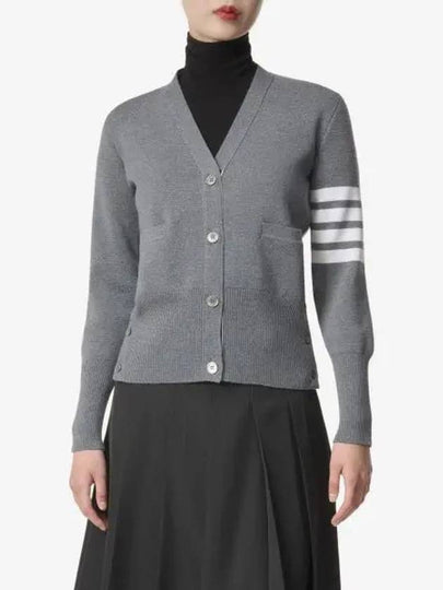 Milano Stitch 4 Bar Classic V Neck Fine Merino Wool Cardigan Medium Grey - THOM BROWNE - BALAAN 2