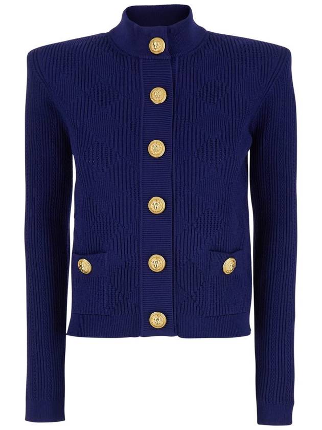 Blue Cardigan With High Neck And Jewel Buttons In Viscose Blend Woman - BALMAIN - BALAAN 1