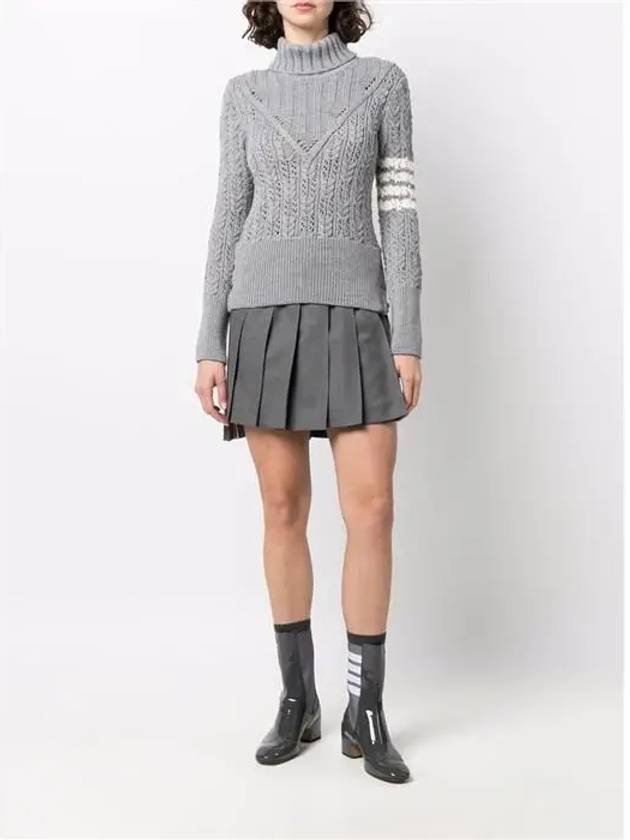 Women's 4 Bar Irish Pointelle Cable Merino Wool Turtleneck Grey - THOM BROWNE - BALAAN 3