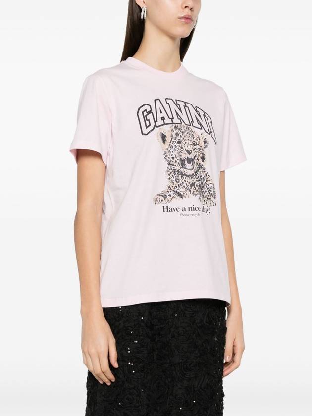 Leopard Print Cotton Short Sleeve T-Shirt Pink - GANNI - BALAAN 3