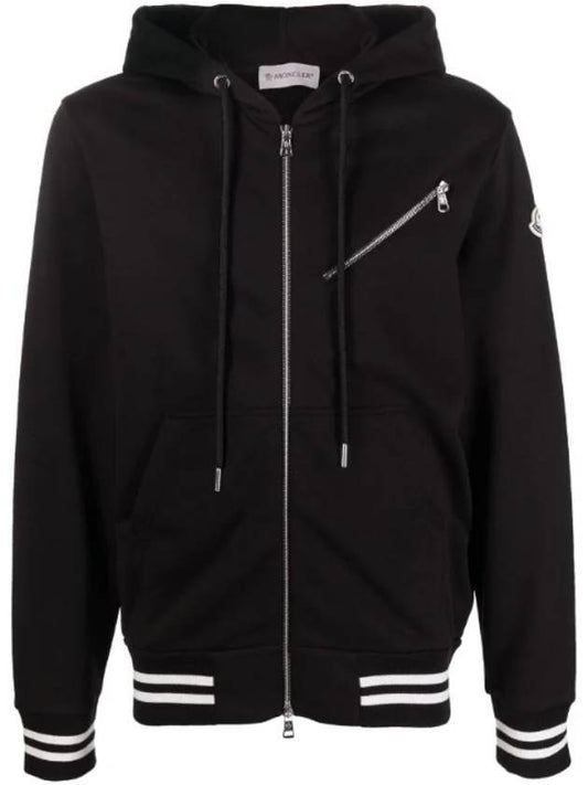 Logo Patch Drawstring Cotton Zip Up Hoodie Black - MONCLER - BALAAN 1