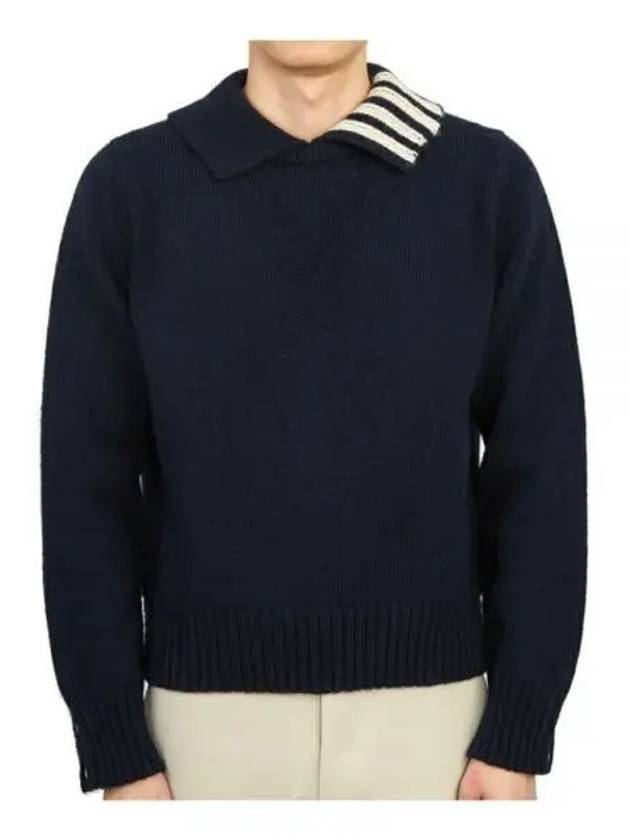 Stitch Donegal diagonal polo collar pullover knit navy MKA449A Y1032 - THOM BROWNE - BALAAN 1