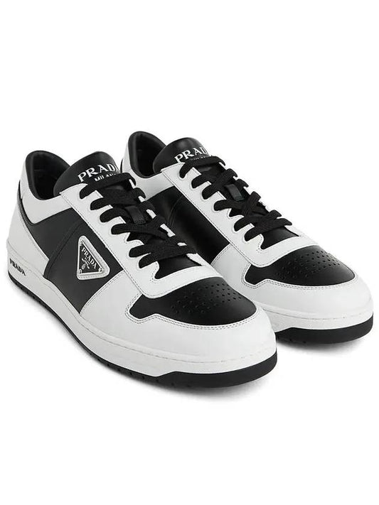 Men's Downtown Triangle Logo Leather Low Top Sneakers Black White - PRADA - BALAAN 2