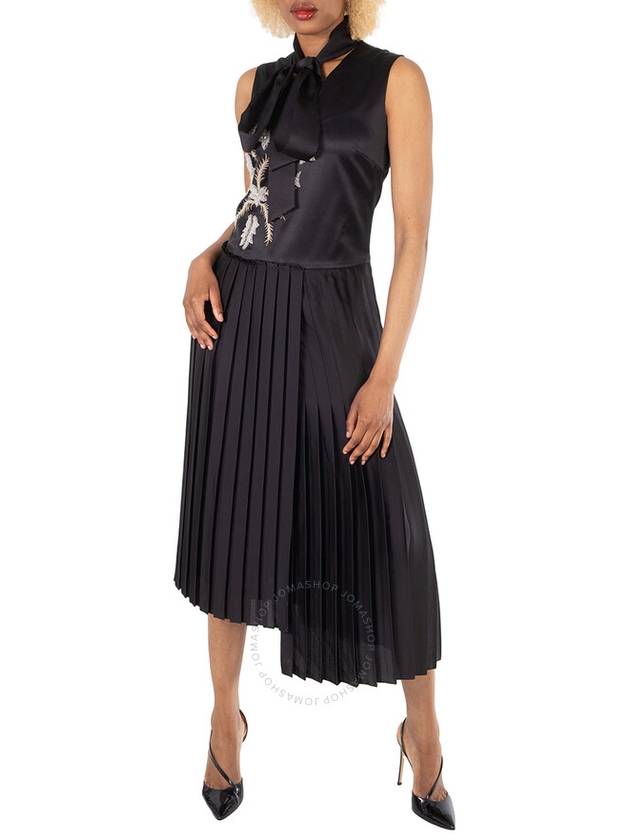 Women's Flor Embroidered Asymmetrical Pleated Midi Dress Black - BURBERRY - BALAAN 4