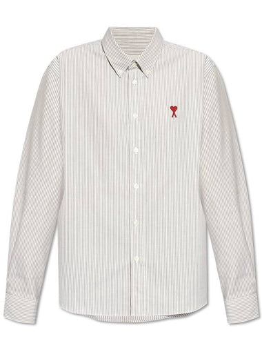 Heart Logo Stripe Button Cotton Long Sleeve Shirt Grey - AMI - BALAAN 1