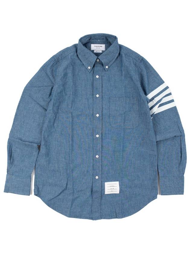 Men's Diagonal Shambray Print Name tag Straight Fit Long Sleeve Shirt Blue - THOM BROWNE - BALAAN 2