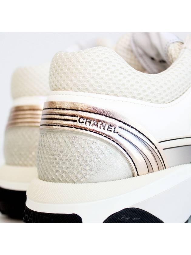 Women CC Logo Fabric Laminated Low Top Sneakers Silver Ivory - CHANEL - BALAAN 8