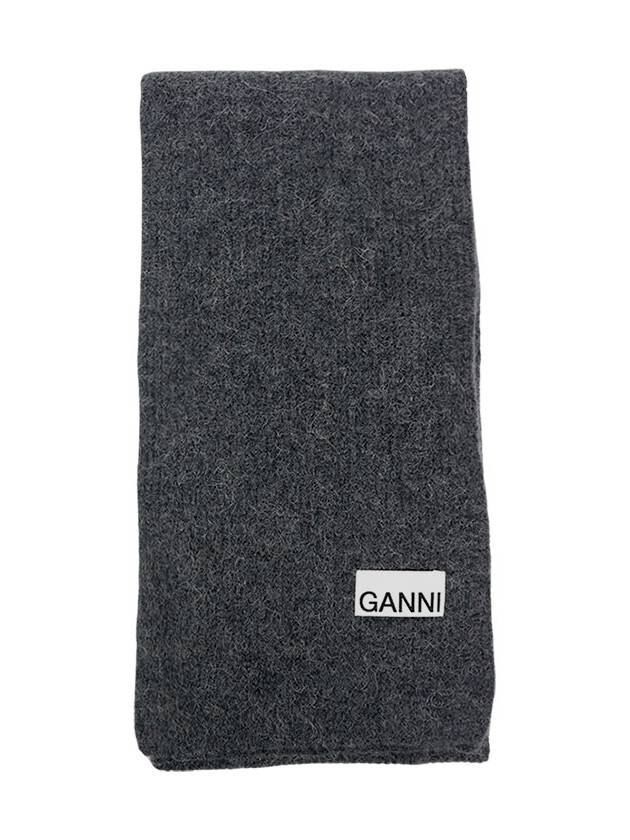 Logo Label Wool Blend Muffler Grey - GANNI - BALAAN 3