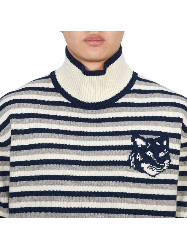 Fox Head Intarsia Striped High Neck Comfort Knit Top White Navy - MAISON KITSUNE - BALAAN 6