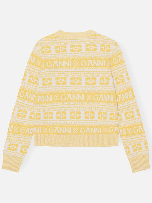 Intarsia Logo Wool V-Neck Cardigan Yellow - GANNI - BALAAN 3