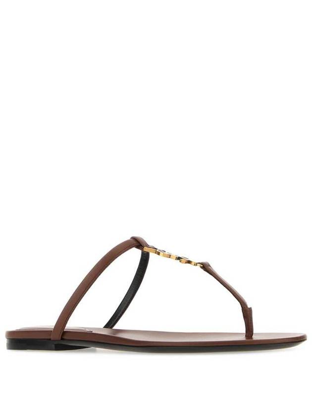 Cassandra Leather Flip Flops Brown - SAINT LAURENT - BALAAN 3