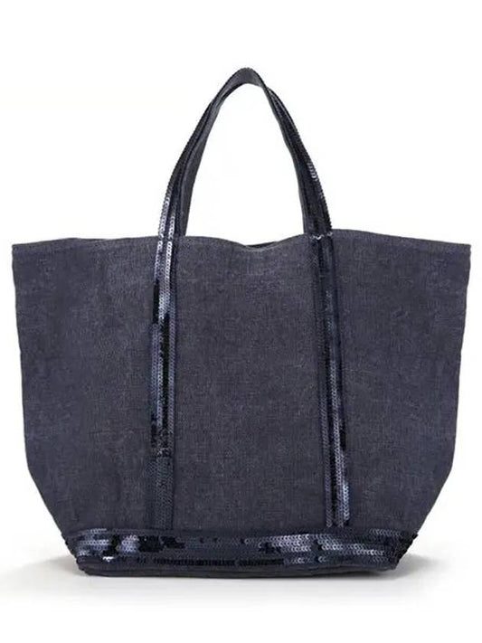 Cabas Linen Sequined Medium Tote Bag Navy - VANESSA BRUNO - BALAAN 2