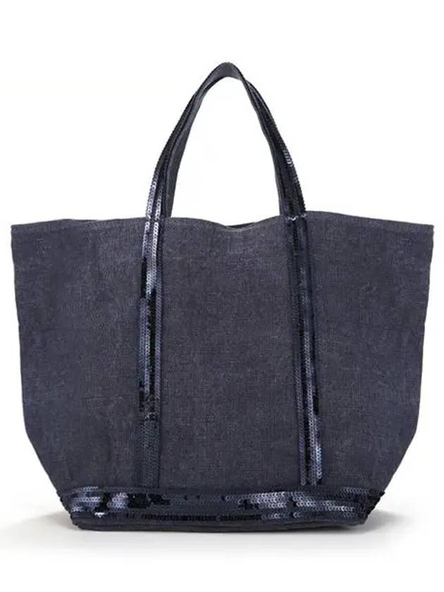 Cabas Linen Sequined Medium Tote Bag Navy - VANESSA BRUNO - BALAAN 3