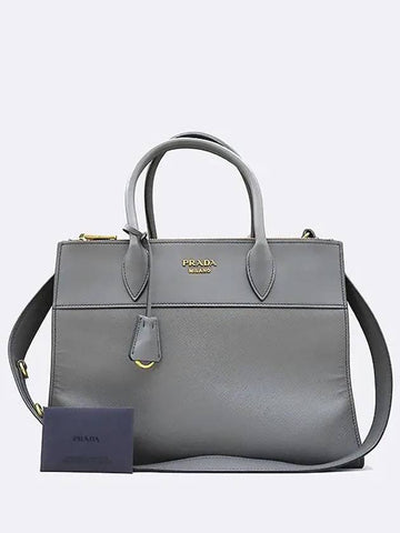 1BA130 Gray Leather Paradigma Saffiano Tote Bag Shoulder Strap - PRADA - BALAAN 1