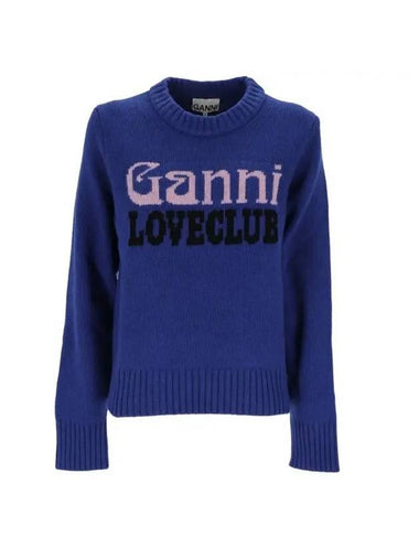 Logo Intarsia Crew Neck Knit Top Blue - GANNI - BALAAN 1