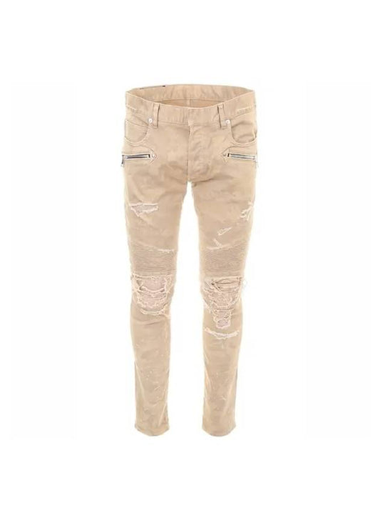 Destroyed Mufa Slim Biker Jeans Beige - BALMAIN - BALAAN 1