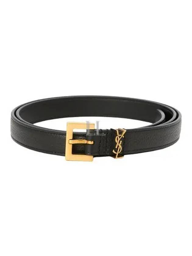 Cassandre Grained Leather Square Buckle Thin Belt Black - SAINT LAURENT - BALAAN 2