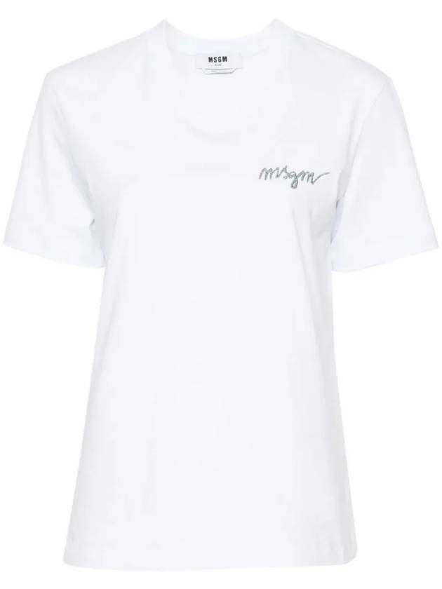 Embroidered Glitter Logo Cotton Short Sleeve T-Shirt White - MSGM - BALAAN 3