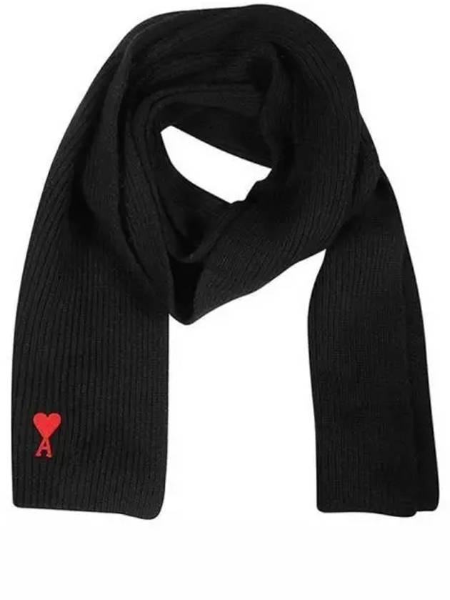 Heart Logo Merino Wool Muffler Black - AMI - BALAAN 2