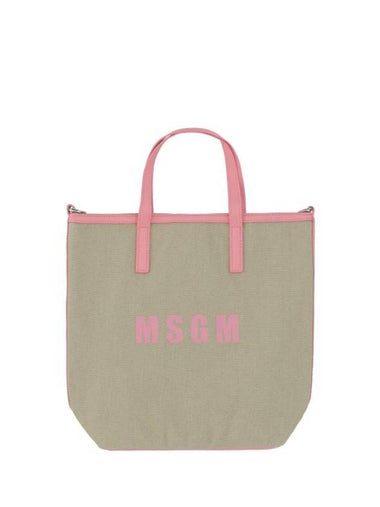 Small Logo Print Calf Leather Tote Bag Pink Beige - MSGM - BALAAN 1