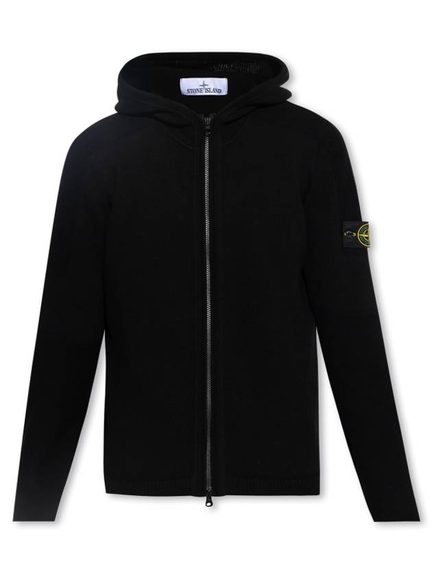 Logo Patch Hooded Lamb Wool Cardigan Black - STONE ISLAND - BALAAN 2