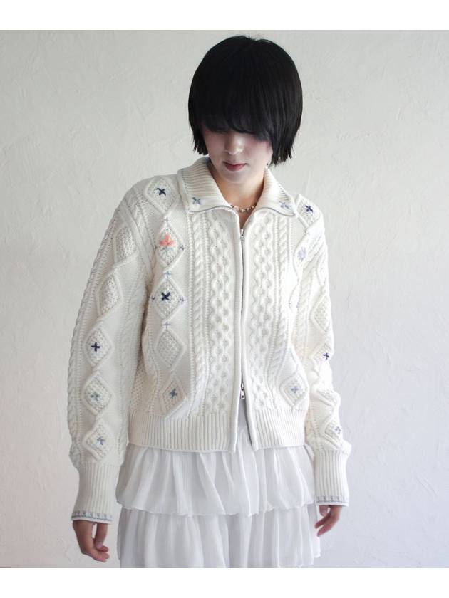 Alps Knit Zip up Cardigan Flower Stitched by Hand IVORY Women s Embroidery - RUBATI - BALAAN 6