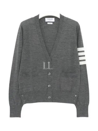 Sustainable Fine Merino Wool 4-Bar Relaxed Fit V-Neck Cardigan Medium Grey - THOM BROWNE - BALAAN 2