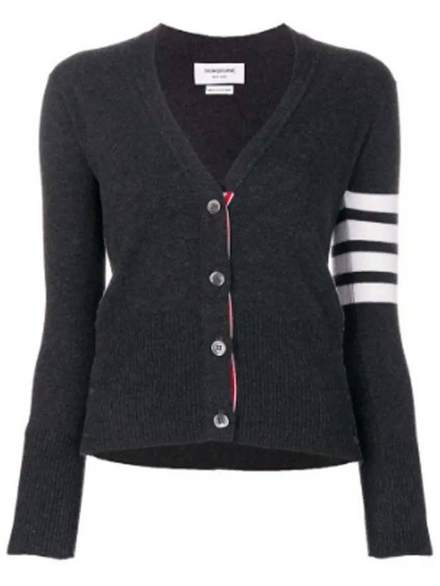 4-Bar V-Neck Cashmere Cardigan Dark Grey - THOM BROWNE - BALAAN 2