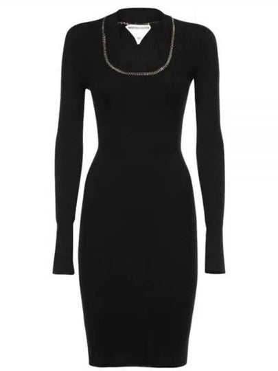 Gold Chain Detail Cashmere Long Sleeve Midi Dress Black - BOTTEGA VENETA - BALAAN 2