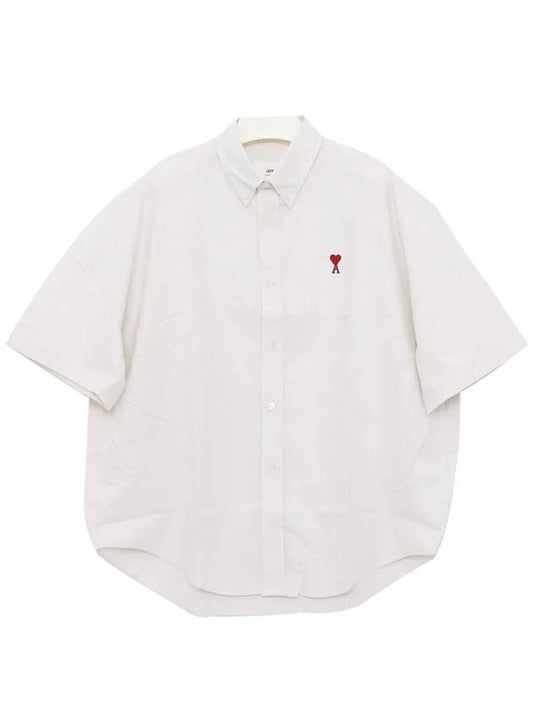 Men's Boxy Fit Embroidered Logo Short Sleeve Shirt White - AMI - BALAAN 2