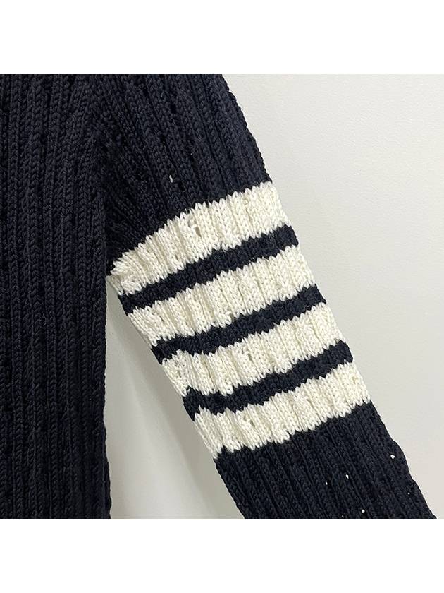 V-Neck Diagonal Pointelle Wool Cardigan Navy - THOM BROWNE - BALAAN 6