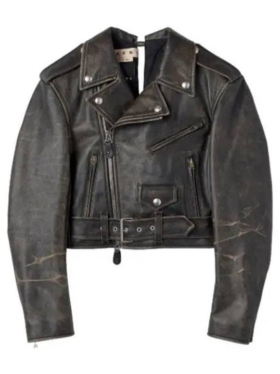 Women's Two-Tone Leather Crop Biker Jacket Black - MARNI - BALAAN 2