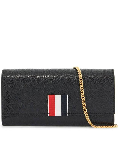 Pebble Grain Leather Wide RWB Grosgrain Flap Chain Long Wallet Black - THOM BROWNE - BALAAN 2