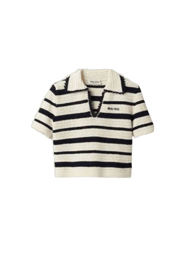 Logo Open Collar Striped Short Sleeve Knit Top White Blue - MIU MIU - BALAAN 1