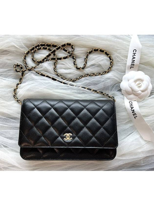 Classic Wallet On Chain Crossbody Bag Grained Calfskin Gold Black - CHANEL - BALAAN 2