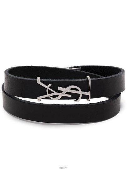 Silver Logo Leather Bracelet Black - SAINT LAURENT - BALAAN 2