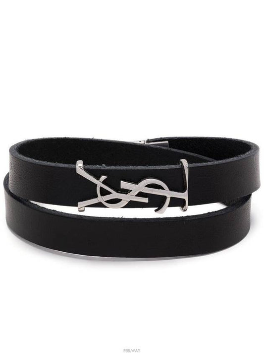 Silver Logo Leather Bracelet Black - SAINT LAURENT - BALAAN 2