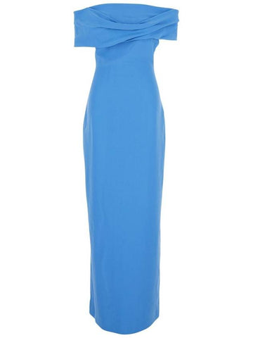 'Eva' Blue Off-Shoulder Long Dress With Draped Detail In Tech Fabric Woman - SOLACE LONDON - BALAAN 1