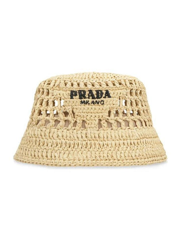 Embroidered Logo Raffia Bucket Hat Natural - PRADA - BALAAN 1